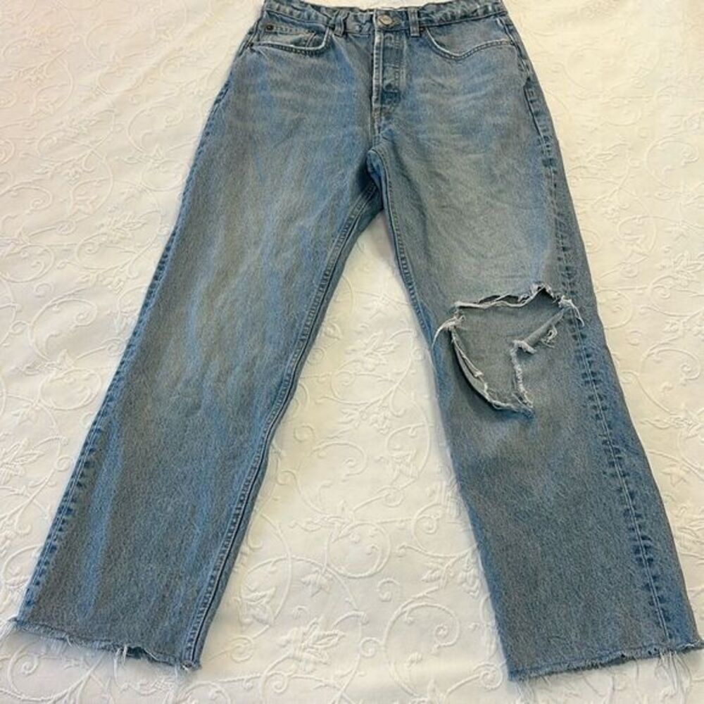 Zara Distressed Women's Straight‎ Leg Raw Edge Button Fly Jeans Size 6